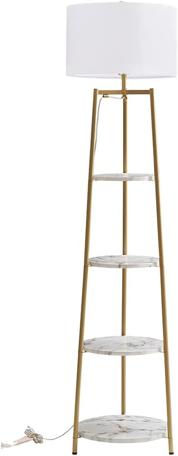 Floor Lamp, Standing Reading Light with Shelves and Fabric Shade, Modern Tall Pole Lamp, Accent Furniture Décor Lighting for Living Room, Bedrooms (Gold, 4-Tier)
