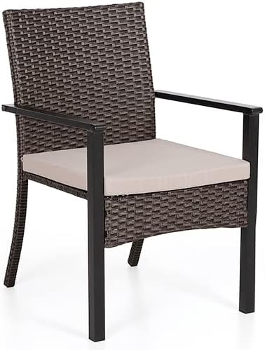 PHI VILLA 7 Piece Patio Dining Set for 6, 60” Rectangular Wrought Iron Dining Table with Umbrella Hole & Rattan Wicker Chairs with Beige Cushions for Outdoor Deck, Yard, Porch