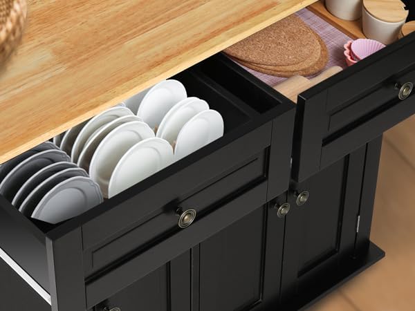 VOWNER Rolling Kitchen Island, Portable Kitchen Island with Storage, Floating Kitchen Cart with Spice Rack & Towel Rack, Drawer and Storage Cabinet, Isla para Cocina (Black)