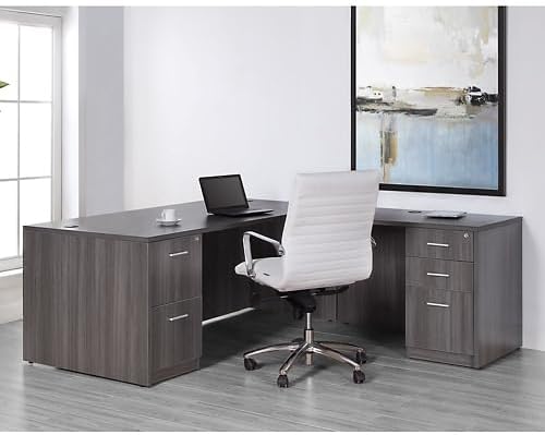NBF at Work Reversible 66" W L-Shaped Executive Office Desk - Durable Laminate Computer Desk with Lockable Two Drawers - Modern Desk with Storage and File Cabinet - Office Work Desk, Brown