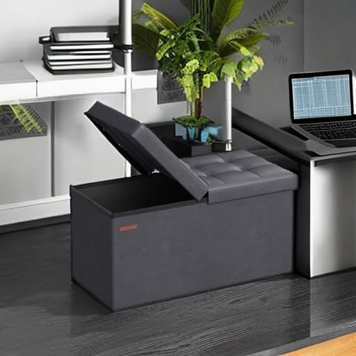 SONGMICS MAZIE Collection - 30 Inches Storage Ottoman Bench with Flipping Lid, Storage Chest Footstool, Load 660 lb, for Entryway, Living Room, Bedroom, Synthetic Leather, Dark Gray ULSF045G01