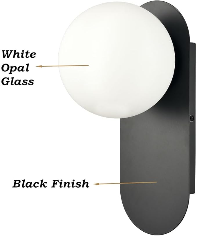 HOLKIRT Black Wall Light Fixture Mid Century Globe Wall Sconce with White Opal Glass for Living Room Bedroom Bathroom Entryway