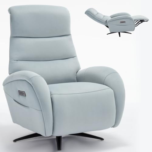 Power Recliner Chairs for Adults, Recliner Swivel Chair with USB & Type-C Ports, Blue Fabric Recliner Chairs for Adults with 270° Swivel, Oversize Reclining Chair W/ 20.1" Wide Seat