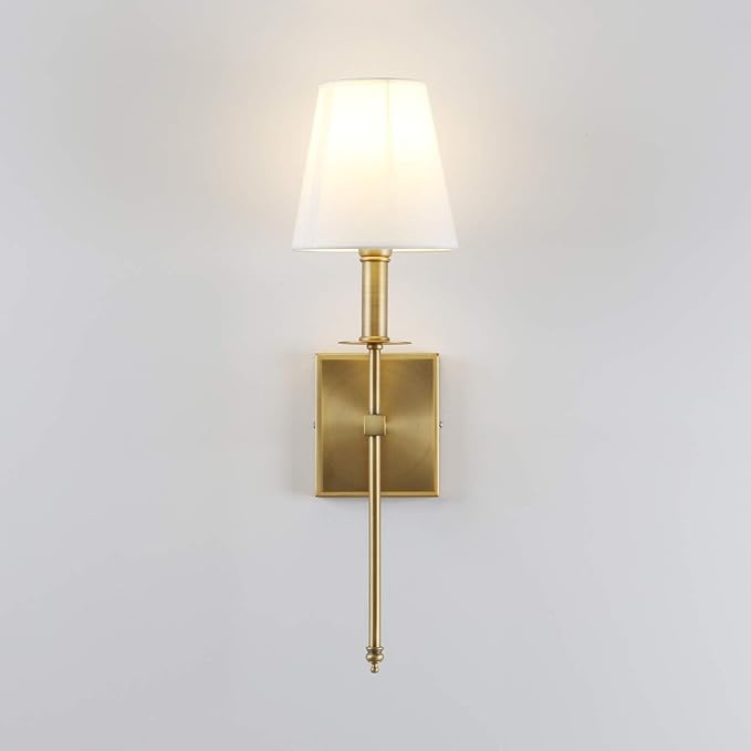 PERMO Set of 2 Classic Rustic Industrial Wall Sconce Lighting Fixture with Flared White Textile Lamp Shade and Antique Brass Tapered Column Stand, Hardwired, E26 Base