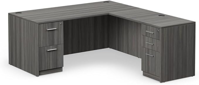 NBF at Work Reversible 66" W L-Shaped Executive Office Desk - Durable Laminate Computer Desk with Lockable Two Drawers - Modern Desk with Storage and File Cabinet - Office Work Desk, Brown