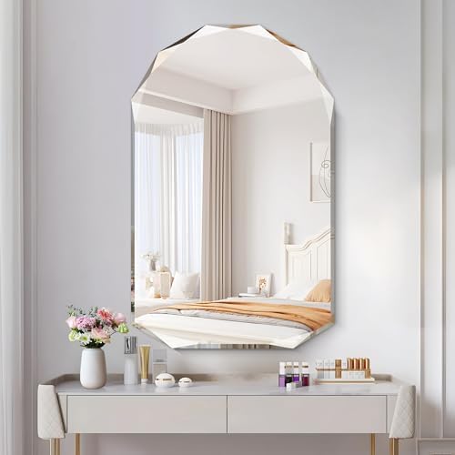 KOCUUY 30"x48" Frameless Mirror, Arched Shape with Diamond-Shaped Beveled Edge,Unframed Decorative with Upgraded Shatterproof Glass,Unique Frameless Mirror for Bathroom,Living Room,Bedroom