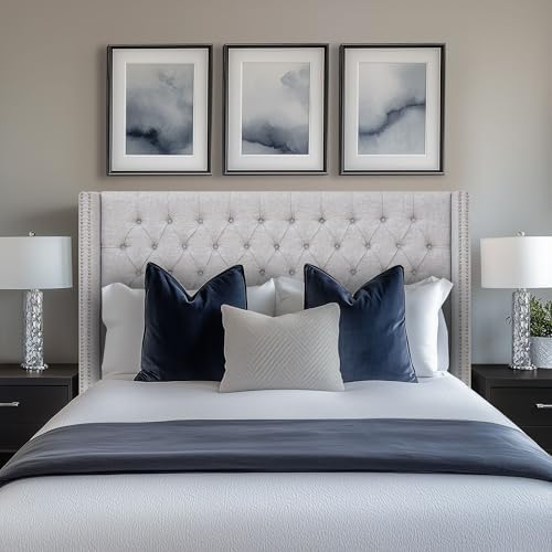 Madison Park Amelia Upholstered Headboard | Nail Head Trim Wingback Button Tufted | King, Grey