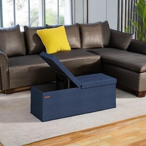 SONGMICS Mazie Collection - 43 Inches Storage Ottoman, Foldable Storage Bench with Flipping Lid, 660 lb Load Capacity, for Entryway, Living Room, Bedroom, Midnight Blue ULSF076Q02