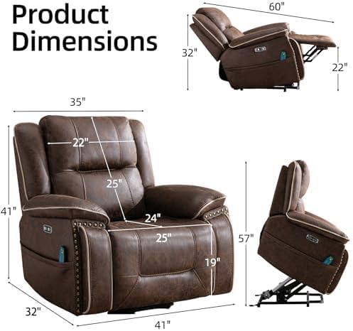 Phoenix Home Dual Motor Power Lift Chair for Elderly, Lift Chairs with Massage and Heat, Leather Electric Chairs for Adults, Recliner Chair with USB, 2 Concealed Cup Holders, Brown