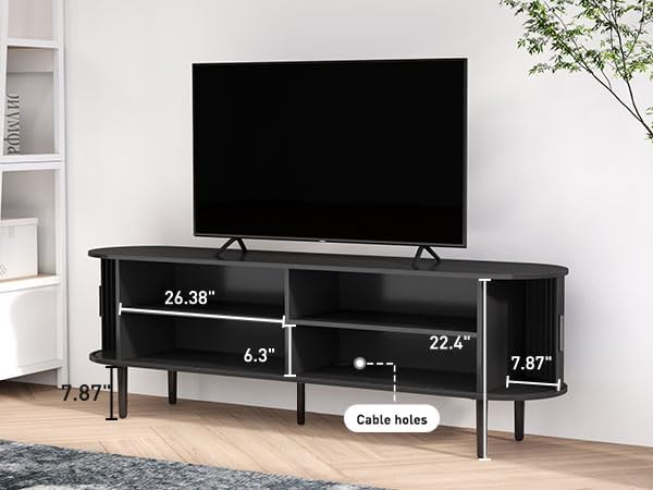 Bonzy Home Mid Century Modern TV Stand, Fluted Entertainment Center with Storage, Long Media Console TV Table for 65" 70" 75" TV, Black