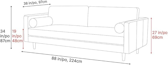 Valencia Isabella 88" Wide Sofa with 2 Bolsters | Italian Nappa 11000 Full Grain Leather, Mid-Century Tufted Couch for Living Room, Kiln-Dried Wood Frame, Down Feather Filling, Cognac