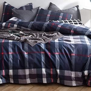 CLOTHKNOW Navy Blue Plaid Full Size Comforter Sets Tartan Bedding Comforter Sets All Season Blue Red Grey Grid Comforter with 2 x Pillow Cases