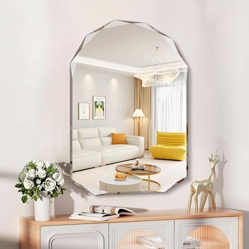 KOCUUY 26"x38" Frameless Mirror, Arched Shape with Diamond-Shaped Beveled Edge,Unframed Decorative with Upgraded Shatterproof Glass,Unique Frameless Mirror for Bathroom,Living Room,Bedroom