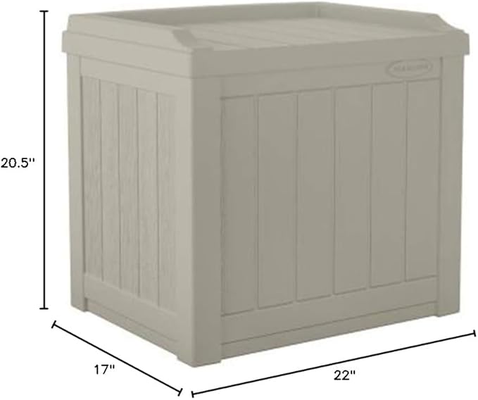 Suncast Small Deck Box-Lightweight Resin Indoor/Outdoor Storage Container and Seat Cushions and Gardening Tools Store Items on Patio, Garage, Yard, 22 Gallon, Light Taupe