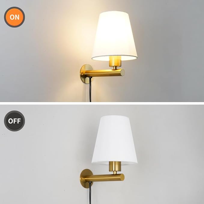 Gold Plug in Wall Sconces Set of Two, Brass Wall Sconce Lights for Bedroom Plug in, Wall Lamp with On/Off Switch Cord, Bedside Plugged Wall Mounted Light with Fabric Linen, Wall Decor for Living Room