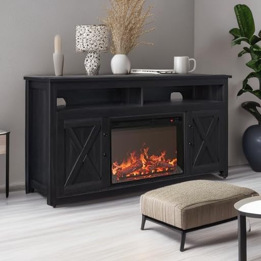 BELLEZE 58" Farmhouse Fireplace TV Stand for TVs up to 65", 23" Electric Fireplace Heater with Sound, Entertainment Center Media Console Table Barn Door Storage Cabinets for Living Room - Rustic Grey