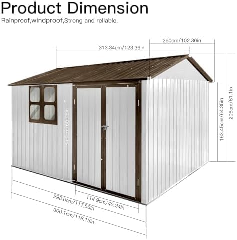 10 x 8 FT Outdoor Storage Shed, Metal Garden Tool Shed with Slooping Roof, Lockable Doors and Windows, All-Weather Weatherproof Blike shed for Garden, Patio, Lawn, White