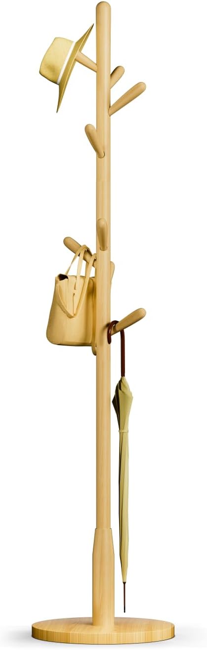 Solid Wood Round Base Coat Rack, Free Standing Hall Coat Tree with 8 Hooks（+2 spare) for Coats, Hats, Bags, Purses, for Entryway, Hallway, Rubberwood Hooks,Base and Pole(Round Base, Natural Beige)