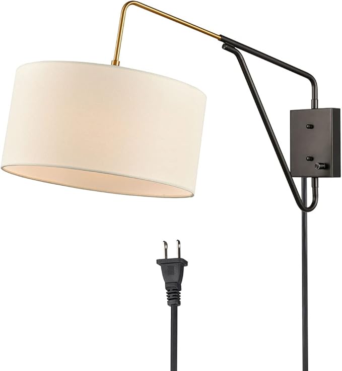 HOLKIRT Bedroom Swing Arm Wall Lamp Bedside Wall Sconce,Plug in/Wall Mount + Off-White Fabric Shade 13.77 Inch