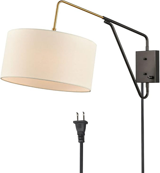 HOLKIRT Bedroom Swing Arm Wall Lamp Bedside Wall Sconce,Plug in/Wall Mount + Off-White Fabric Shade 13.77 Inch