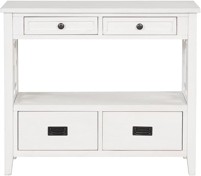 36 Inch Country Farmhouse Console Table with 4 Drawers and 1 Storage Shelf Pine Wood Suitable for Entryway Entrance Living Room Bedroom Hallway Kitchen (Antique White)
