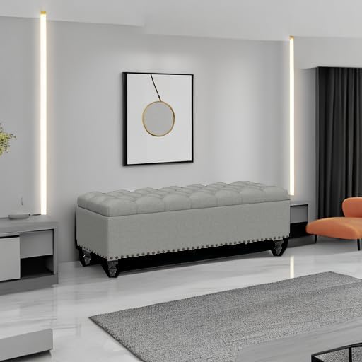 HUIMO Button-Tufted Ottoman with Storage in Upholstered Fabrics, Large Storage Bench for Bedroom, Living Room, Entryway, Bench with Safety Hinge Hold Up to 300lbs (Grey-Rivets)