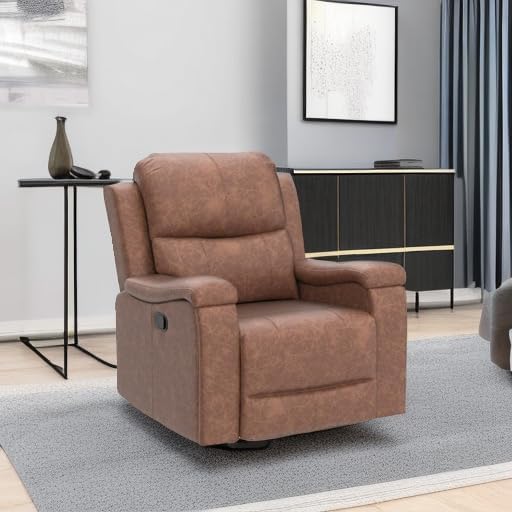 CANMOV Leather Recliner Chair, Classic and Traditional Manual Recliner Chair with Overstuffed Arms and Back, Manual Single Sofa with Concealed Cup Holders, Brown