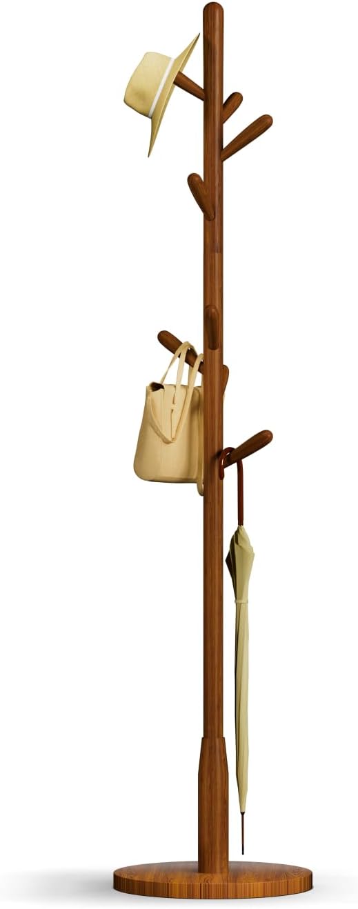Solid Wood Round Base Coat Rack, Free Standing Hall Coat Tree with 8 Hooks（+2 spare for Coats, Hats, Bags, Purses, for Entryway, Hallway, Rubberwood Hooks,Base and Pole(Round Base,Brown)