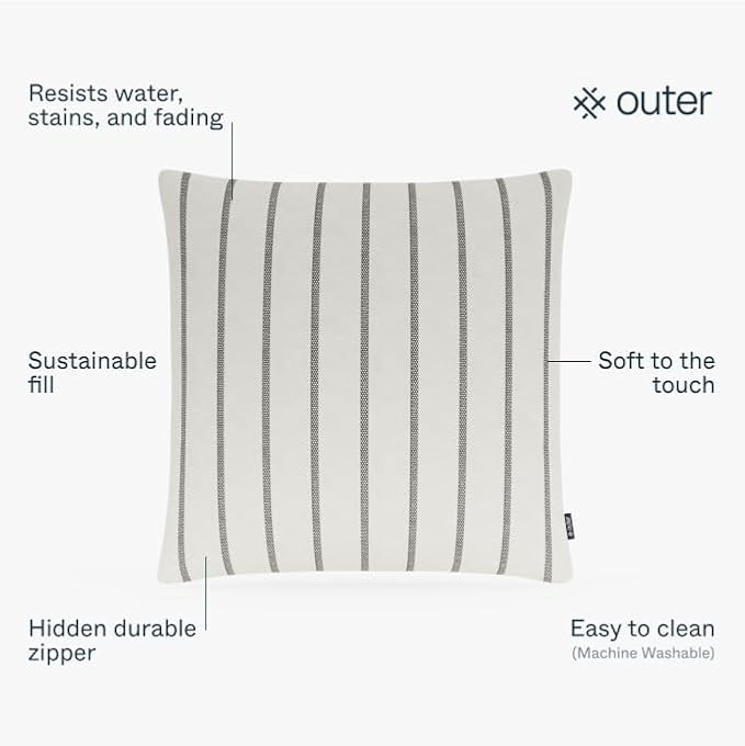 Outer Outdoor Throw Pillow with OuterWeave Performance Fabric, Decorative Pillow for Patio & Outdoor Furniture, Includes Machine Washable Pillow Cover and Insert - Palisades Gray Stripe, 18"x18"