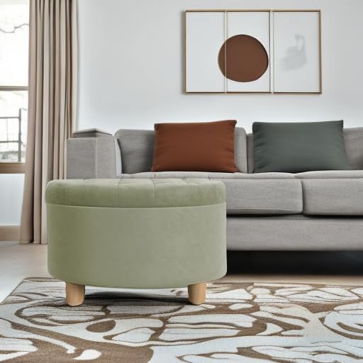 HomePop Home Decor | Button Tufted Velvet Round Storage Ottoman | Ottoman with Storage for Living Room & Bedroom, Light Sage Green Velvet
