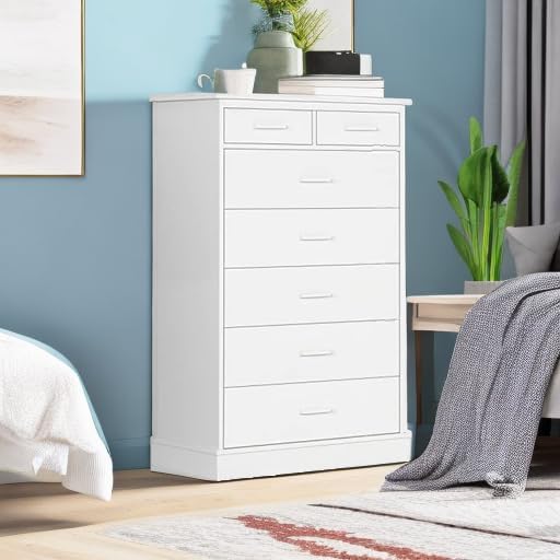 Hasuit White Dresser for Bedroom, Tall 7 Drawer Dresser with Sturdy Base, Wood Storage Tower Clothes Organizer, Large Storage Cabinet, Chest of 7 Drawers for Closet, Living Room, Hallway