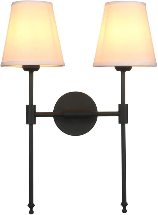 PERMO Classic Rustic Double Sconce 2-Lights Wall Sconce Lighting Fixture with Flared White Textile Lamp Shade and and Black Finished Long Arm,Wall Sconce Light Fixture for Bathroom Bedroom Bedside