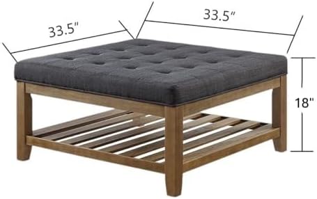 24KF Large Square Upholstered Tufted Linen Ottoman Coffee Table, Large Footrest Ottoman with Solid Wood Shelf- Charcoal