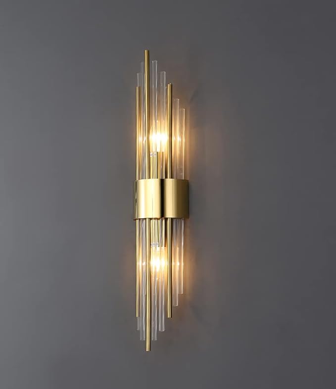 2-Light Modern Brushed Titanium Gold Wall Sconce with Clear Glass Crystal Luxury Wall Light Fixtures for Bedroom Living Room Bathroom Vanity Mirror Light Fixtures Set of 2