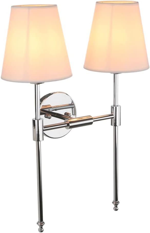 PERMO Classic Rustic Double Sconce 2 Lights Wall Sconce Lighting Fixture with Flared White Textile Lamp Shade (Chrome)