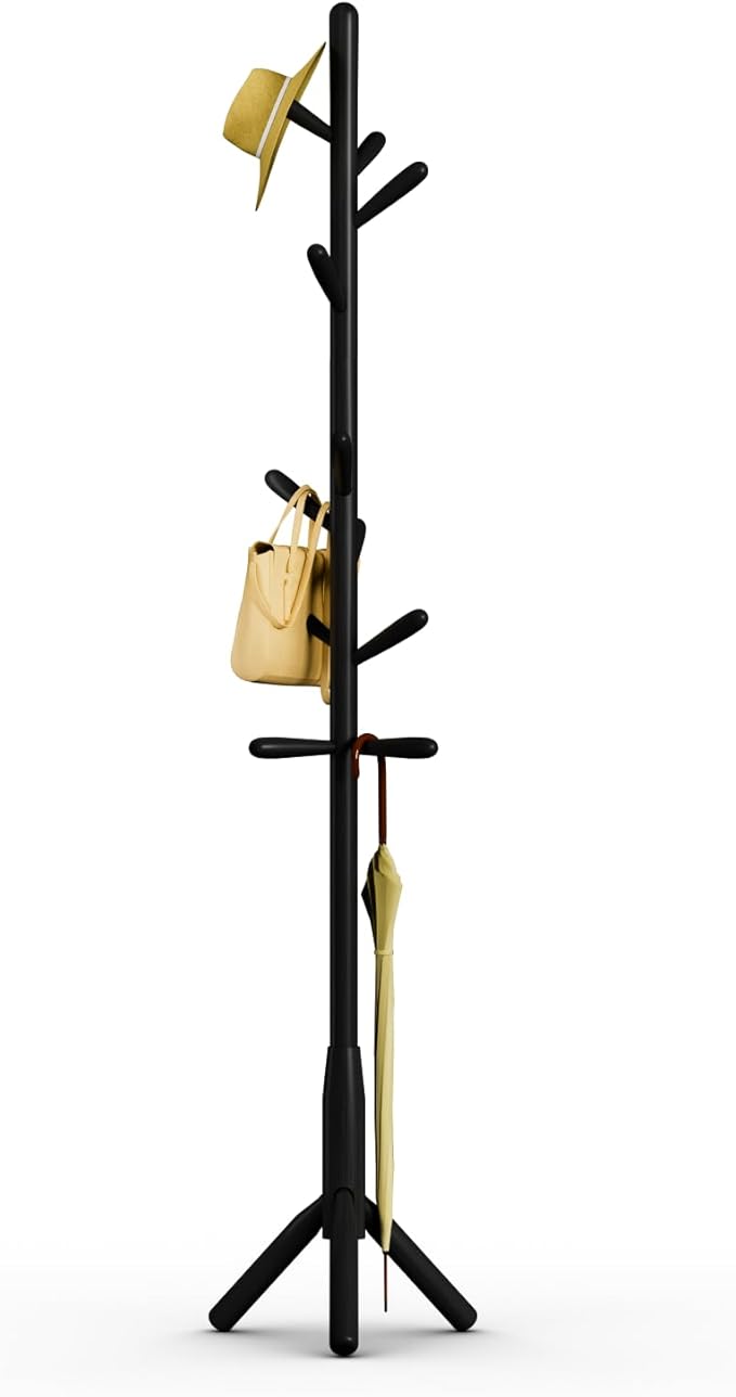 Solid Wood Coat Rack, Freestanding Tree-Shaped Coat Rack with 11 Hooks, Main Pole 1.6" dia for Clothes, Hat Stand Used in Bedroom/Office/Entryway (3-Leg Base, Black)