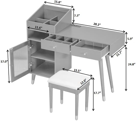 43.9" Modern Vanity Desk, Minimalist Makeup Vanity Table with Drawers, Cabinet & Chairging Port,Fabric Small Stool, Space-Saving Dressing Table Set for Bedroom Apartment Home Small Space