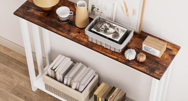 Farmhouse Solid Wood Console Table, 2 Tier Entryway Table with Storage Shelves, Narrow Sofa Table for Living Room, Hallway, Foyer, Entryway, Rustic White