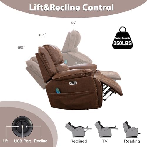 Phoenix Home Dual Motor Power Lift Chair for Elderly, Lift Chairs with Massage and Heat, Faux Leather Electric Chairs for Adults, Recliner Chair with USB, 2 Concealed Cup Holderss, Chestnut Brown