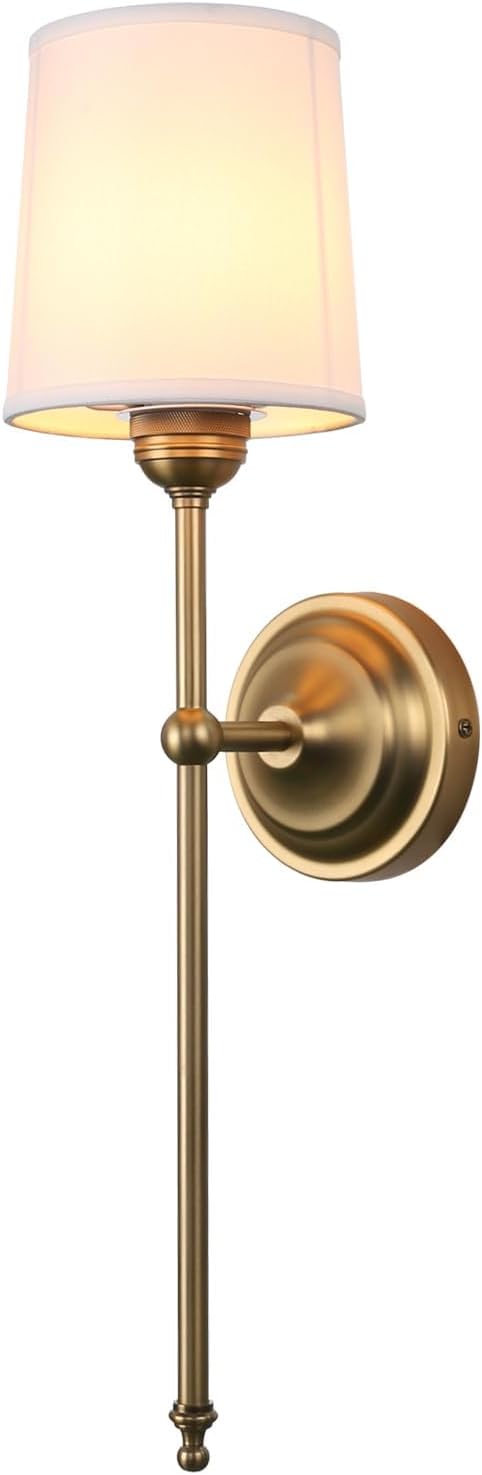 Antique Finish Sconce Wall Lighting Fixture with White Fabric Shade, E26 Hardwired Indoor 1-Light Wall Mounted Lamp for Living Room Bedside Nightstand Light Vanity Bathroom