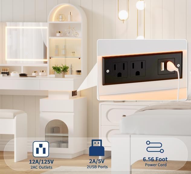 Makeup Vanity Desk with Mirror and Lights, Dressing Table with 3 Drawers and 11 Storage Shelves, Large Makeup Vanity Set with Lighted Mirror & Stool & Power Outlet, Vanity Dresser for Bedroom Dressing