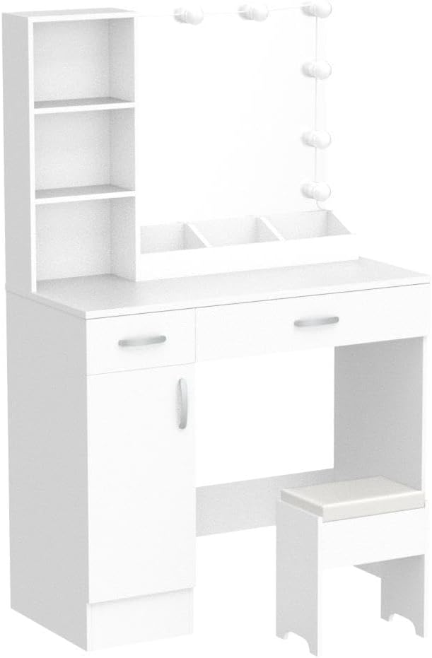 Fameill White Vanity Desk with Mirror and Lights,Makeup Vanity with 2 Drawers Lots Storage,Makeup Table with Lighted Mirror,3 Lighting Colors, Brightness Adjustable,35in(L)