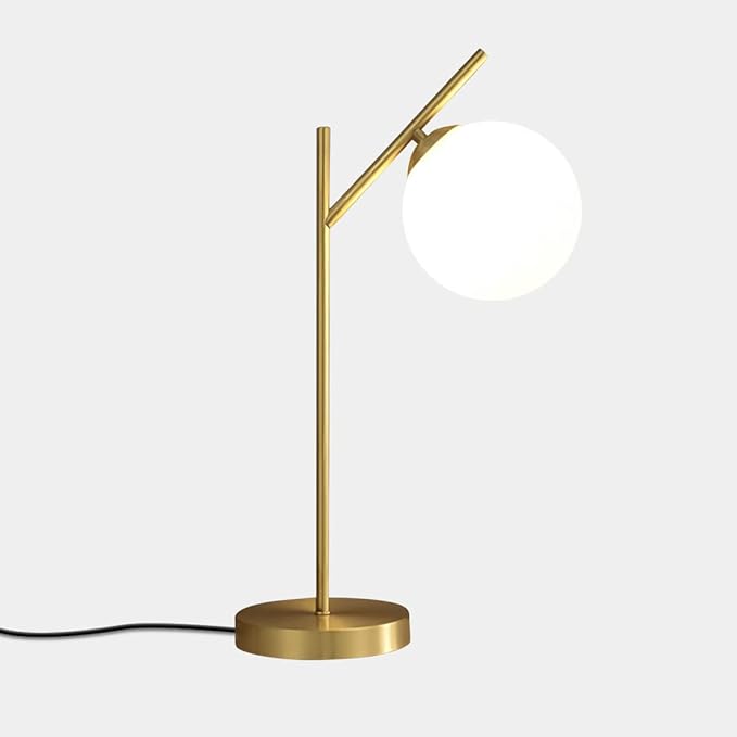 Mid Century Modern Table Lamp, 1 Light Brass Glass Globe Bedside Lamp, Contemporary Metal Table Lamp with Milky White Glass shadefor Bedroom Living Room Study Room