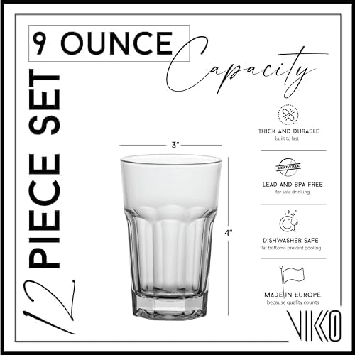 Vikko Drinking Glasses, 9 Ounce Glass Cups, Durable Glasses Drinking Set of 12, Stackable Water Glasses, Highball Glasses, Heavy Base Tumblers & Water Glasses, Dishwasher Safe Cups for Kitchen