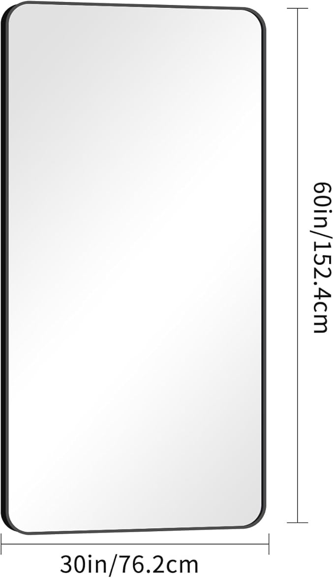 BONEWEI 30x60 inch Bathroom Mirror,Black Rectangle Mirror,Wall Mounted Bathroom Frame Vanity Mirror with Round Corner for Bedroom Living Room, Entryway Hangs Horizontal or Vertical