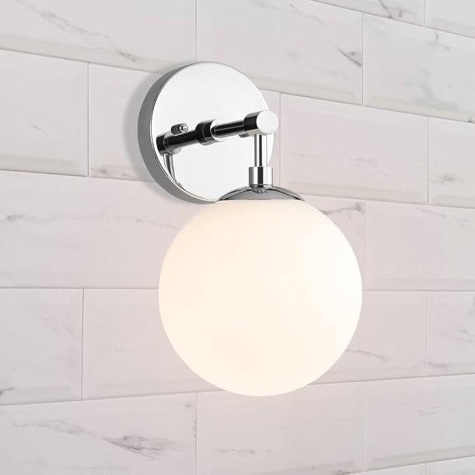 XiNBEi Lighting Globe Wall Sconce Modern 1 Light Chrome Sconce Bathroom Opal Glass Vanity Wall Light Fixture for Bath, Hallway & Bedroom XB-W1211-CH