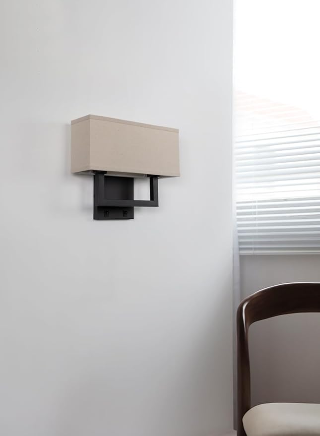 Yosoan Linen Fabric Boho Wall Sconce Bedside Light with On Off Switch, 2-Light Finished Hardwired Vintage Industrial Dual Wall Mount Lamp Lighting Square Shade for Bedroom Living Room Stairwell(Black)