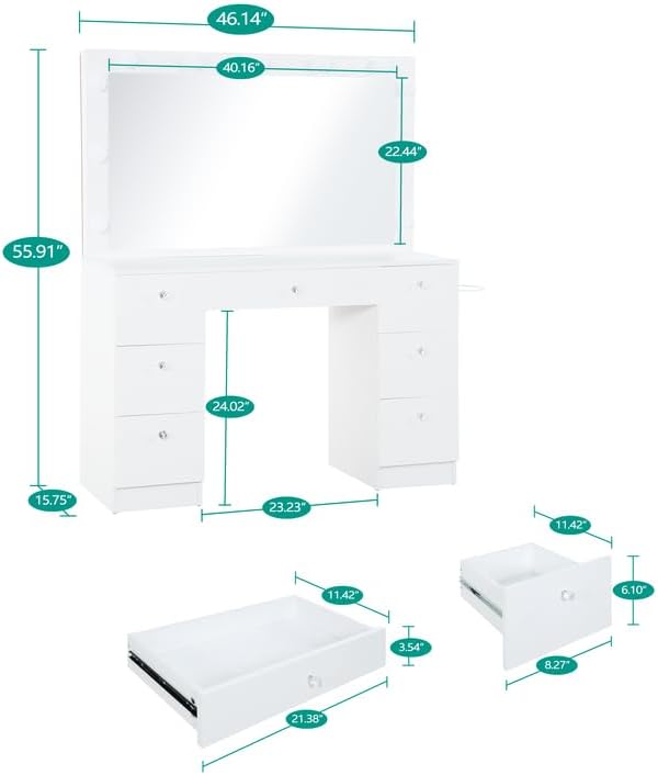 Natural Beauty Luxury Makeup Desk with Mirror, 11 Lights, Adjustable Brightness & 3 Lighting Modes, 7 Soft-Close Drawers, Crystal Knobs, USB & Power Outlets, Makeup Station (Stool Included)