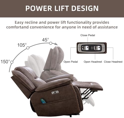 Phoenix Home Dual Motor Power Lift Chair for Elderly, Lift Chairs with Massage and Heat, Faux Leather Electric Chairs for Adults, Recliner Chair with USB, 2 Concealed Cup Holders, Smoke Gray