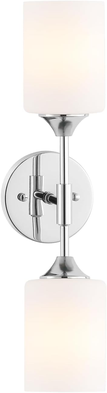 2-Lights Modern Wall Sconce White Cylinder Glass Shades Mid Century Bathroom Vanity Wall Light Fixtures Industrial Wall Lamp for Bedroom Mirror Living Room Restaurant(Chrome Color)